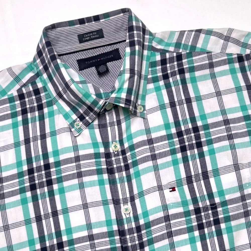 Tommy Hilfiger Mens Custom Fit Plaid Button Down Shirt Size L Green Navy White